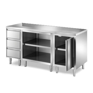 Tavolo armadiato a giorno con ripiano, cassettiera dx a 3 cassetti e anta a battente sx